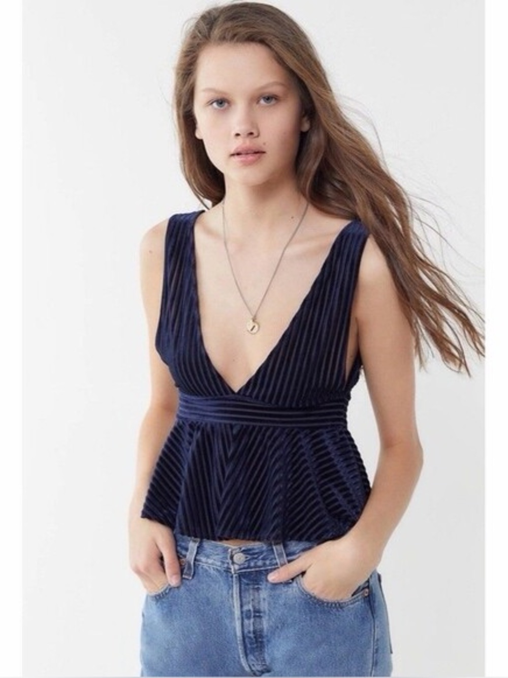 Urban Outfitters Navy Velvet Striped Peplum Top V-Neck Sleeveless Medium